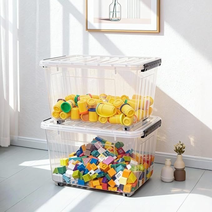 Citylife 54 Quart Large Clear Plastic Storage Bins with Lids 4-Pack | Stackable, Secure Latching Lids, Easy Find, Clothes Storage Bins for Closet Bedroom Garage