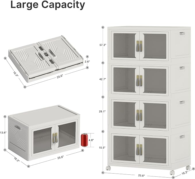 Stackable Storage Bins with Lids, 480QT Extra Large Storage Cabinet | Clear Doors, Foldable Storage Drawers, Heavy Duty, Collapsible Closet Organizers for Bedroom Office (4, White, 120, Quarts)