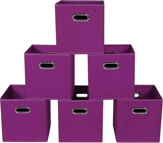 Fabric storage bins Cubes, Fabric Cube Organizer with Handle, Foldable Cube Bins for Cloth or Accessary Storage, 11x11x11, Set of 6, (Purple)