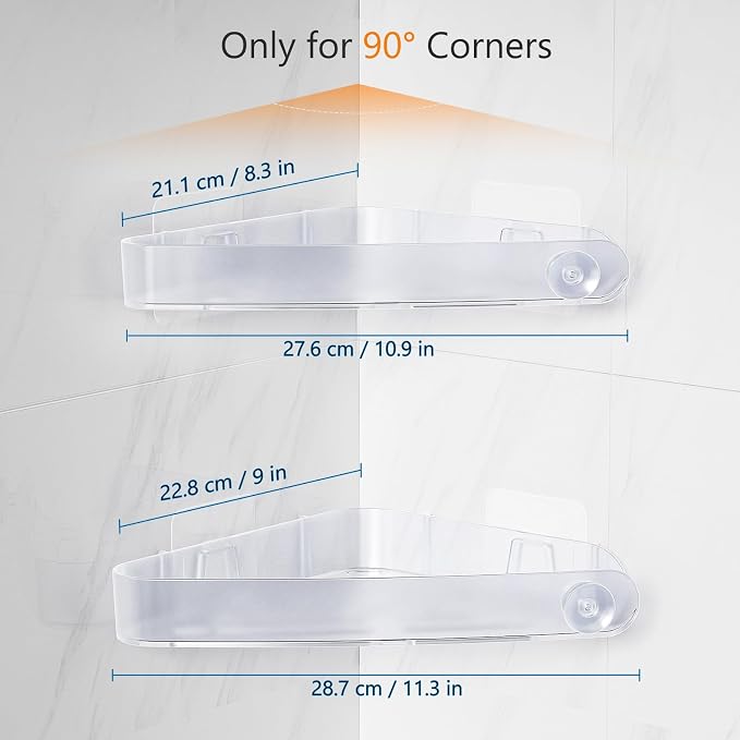 Sotfamily Plastic Shower Caddy Corner (for 90° Only), 2 Pack, Frosted Clear | Adhesive Corner Shower Shelves for Bathroom Organizers and Storage, Bathroom Decor, No Drill, Rust Free