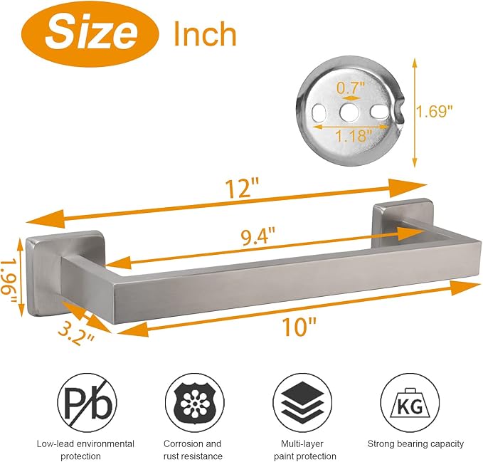 TocTen Bath Towel Rack - Square Base Thicken SUS304 Stainless Steel Towel Bar for Bathroom, Bathroom Accessories Towel Rod Heavy Duty Wall Mounted Towel Holder. (Brushed Nickel, 12)