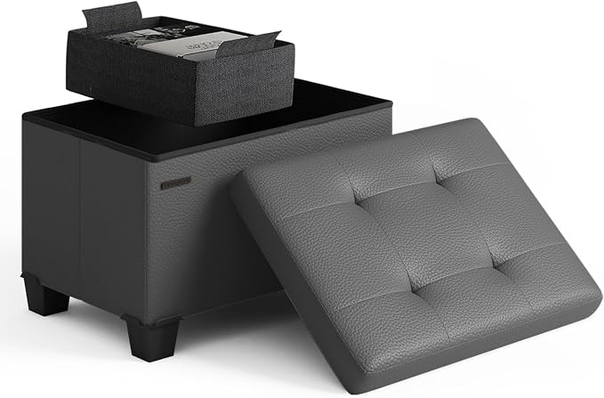 Storage Ottoman Cube with Small Bin, 16-in Square Ottoman with Storage for Living Room and Bedroom, Small Ottomans Foot Rest, Leather Foot Stools Ottomans Max 330lbs, Grey