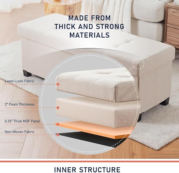 Ornavo Home 43" Large Storage Ottoman Bench with Legs, Beige | Foot Rest Stool; Ottoman with Hidden Storage; Ideal for Bedroom, Living Room, Entryway or Home Office