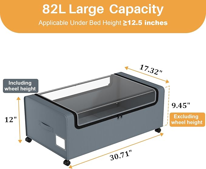Webetop 12 Inch Under Bed Storage Containers, Rolling Organizer 2 Pack Grey | Transparent Cover, Reinforced Steel Frame, Smooth-Rolling Wheels, Easy Access, Seasonal Item Storage, Space Efficient