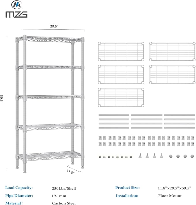 M MZG 1250 lbs 5 Tier Shelf Metal Storage Shelves Wire Rack Closet Organizers for Garage Kitchen Bathroom Laundry White 11.8" D x 29.5" W x 59.5" H