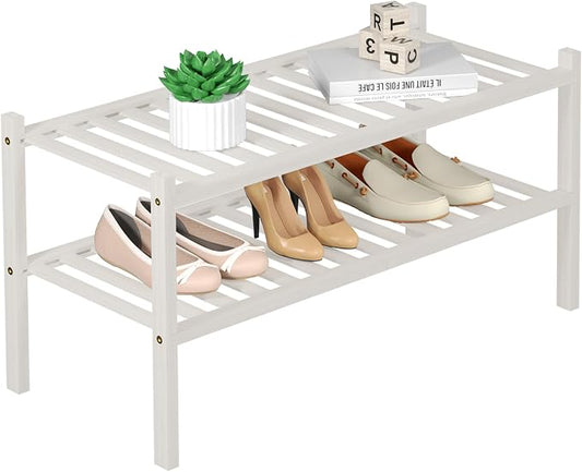 ROMGUAR CRAFT 2 Tier Bamboo Shoe Rack for Closet Free Standing Wood Shoe Shelf for Entryway Small Space Stackable 27"x11"x13" (White)