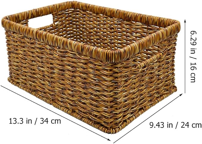 SHINEOFI Decorative Woven Storage Basket Handwoven Imitation Rattan Sundries Organizer with Hollow Handles for Home Desktop Organization Deep Coffee Color