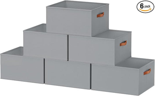 6 Pack Large Closet Storage Baskets Bins for Shelves, Collapsible Fabric Closet Organizers and Storage with Polyester Handles, Decorative Baskets for Organizing Clothes, Towels, Linen Closet 16x12x10"