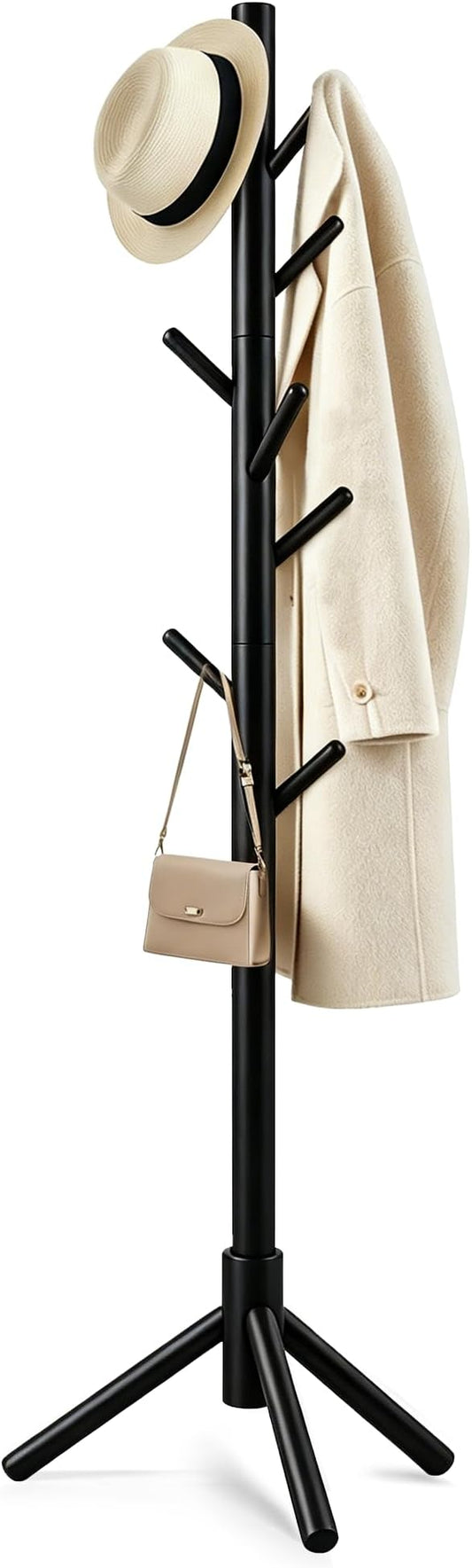 Wooden Coat Rack Freestanding with 8 Hooks & 3 Adjustable Sizes for Clothes, Space-Saving Design for Bedroom Office Entrance Holds Hats Coats Scarves Bags