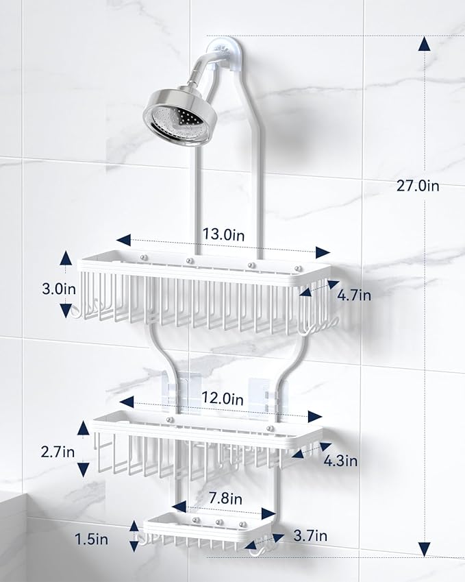 YASONIC Never Rust Shower Caddy Hanging, Aluminum Shower Racks for Inside Shower, 3-Tier Shower Organizer Hanging Over Shower Head with Hooks and Soap Holder, White