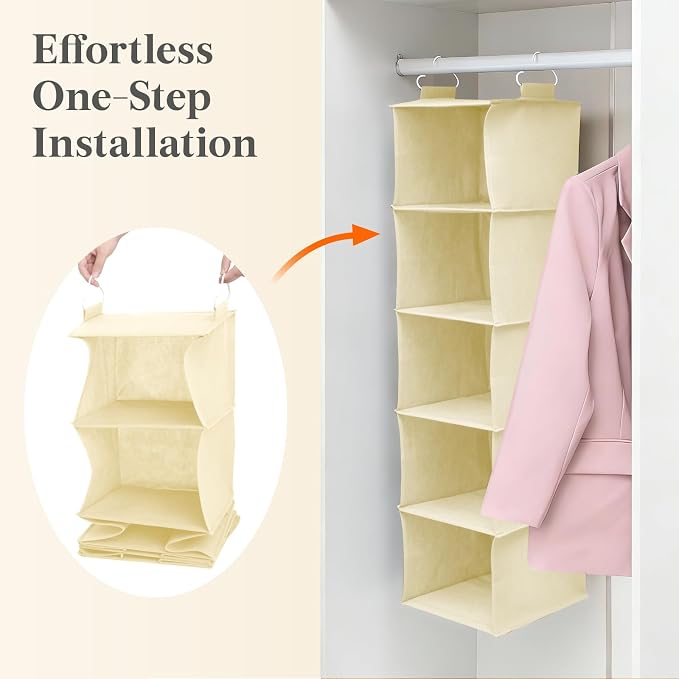 Lifewit 5 Tier Hanging Closet Storage Organizer for Shelves, Beige, 1 Pack | Foldable Clothes Shelf with 2 Sturdy Hooks, Sweater/Coat/Shoes Clothing Organization for Wardrobe, Dorm, Bedroom