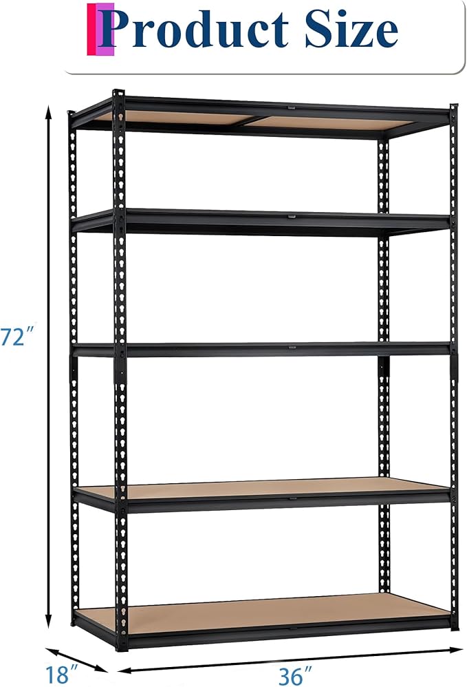 Heavy Duty Garage Storage Shelves, 5-Tier Metal Adjustable Shelving Unit, Storage Shelving with 2500 LBS Capacity for Kitchen Pantry Basement Bathroom Laundry, 36" l x 18" w x 72" h