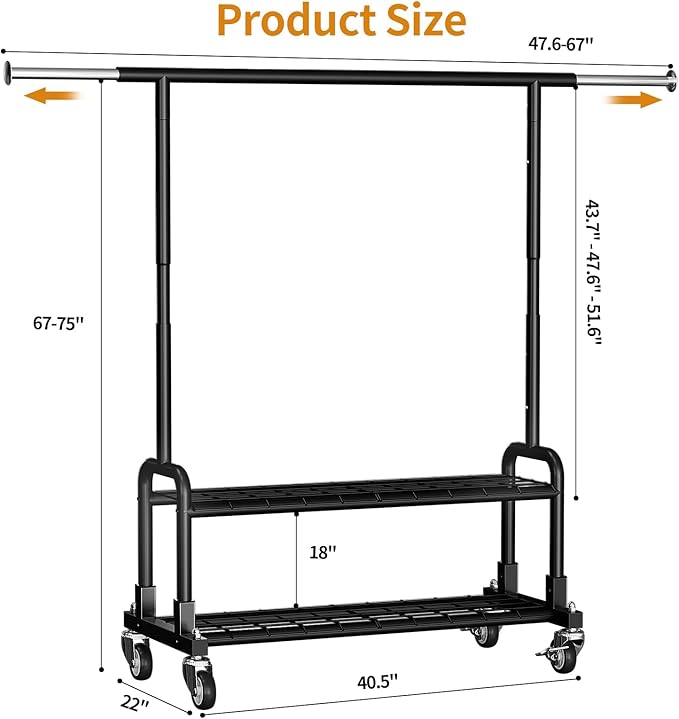 Luxspire Rolling Heavy Duty Clothes Rack with 2 Sturdy Shelves Load 600 LBS | Zinc-iron alloy frame, lockable silent wheels, adjustable extendable rods for bedroom and laundry room garment storage