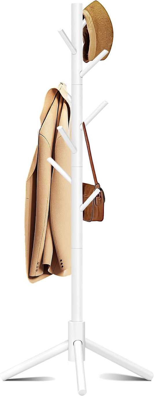 8-Hook Freestanding Coat Rack 3 Adjustable Heights Sturdy White | Easy Tool-Free Setup,Ideal for Entryway Bedroom Hallway Office,Holds Clothes Hats Handbags,Space-Saving Vertical Design