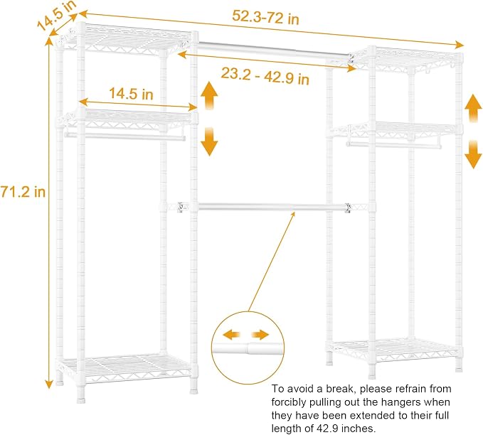 Ulif E7 Heavy Duty Garment Rack, Clothes Organizer and Storage Rack with Expandable Hangers, Metal Clothing Rack with 6 Wire Shelves, (52.3"-72") W x 14.5" D x 71.2" H, Load 838 LBS, White | Freestanding Closet System with 2 Extendable Rods and 6 Shelv...