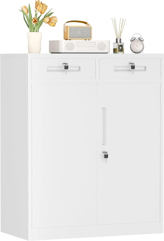 INTERGREAT Metal Garage Storage Cabinets with Lock,Steel Storage Cabinet with Drawer and 2 Adjustable Shelves, Small Lockable Office Steel Cabinet for Home, Warehouse, School, White