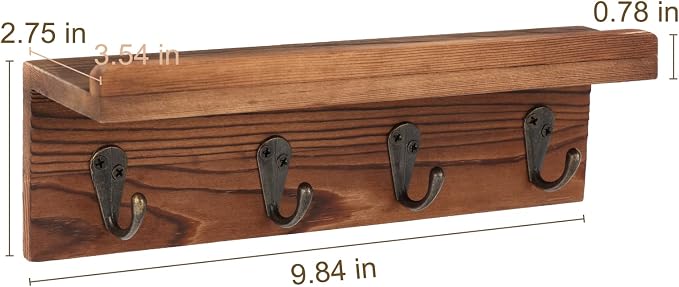 HRONRAD Rustic Key Holder for Wall, Farmhouse Wall Shelf with 4 Hooks, Wall Mounted Key Racks, Wooden Mail Organizer with Hooks for Entryway (Brown - Pine)