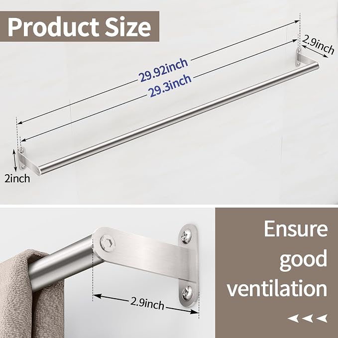 JUYSON Single Towel Bar for Bathroom, 30 Inch Towel Rack, Brushed Nickel | Wall Mounted, Stainless Steel, Rust Resistant, Space-Saving Design, Easy Installation