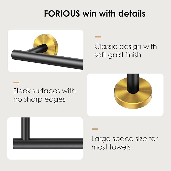 FORIOUS Towel Bar 24" Towel Racks for Bathroom Wall Mounted Black and Gold | Total Length 26 Inch, Rustproof, Stainless Steel Towel Holder, Wall Mounted for Bathroom Bedroom, Heavy Duty, Space Saving