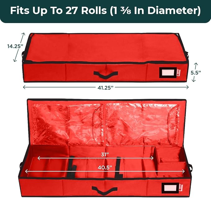 HOLDN’ STORAGE Premium Wrapping Paper Storage Container, Red/Black Trim | Durable 600D Tear-Proof, Fits 27 Rolls Gift Wrap, Extra Pockets for Ribbons & Bows, Underbed Storage