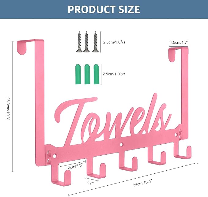 Azmoncy Over The Door Hooks, Towel Rack for Bathroom Towel Holder for Hanging Heavy Duty, Over Door Hanger with 5 Coat Hooks for Bedroom Bathroom Kitchen Towels, Pink