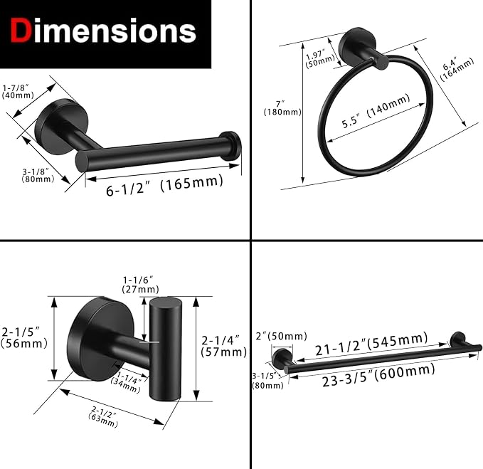 6 Pieces Matte Black Bathroom Hardware Accessories Set, SUS304 Stainless Steel 24 Inch Bath Towel Bar Set, Round Bathroom Towel Holder Set, Towel Racks for Bathroom Wall Mounted