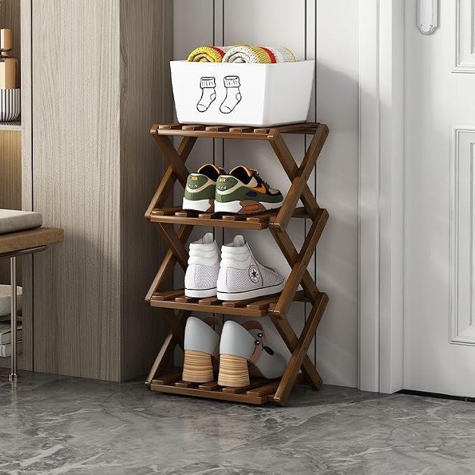 4 Tier Foldable Shoe Rack, Bamboo Vertical Shoe Organizer Tall for Multifunctional Narrow Shoe Shelf for Entryway, Closet, Corner, Bedroom, Hallway(Brown)