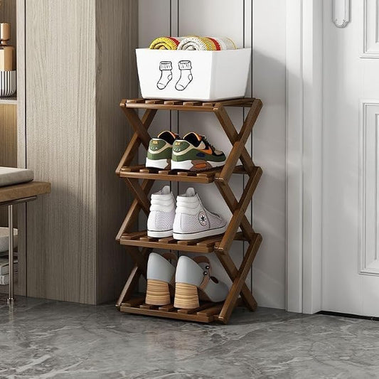 4 Tier Foldable Shoe Rack, Bamboo Vertical Shoe Organizer Tall for Multifunctional Narrow Shoe Shelf for Entryway, Closet, Corner, Bedroom, Hallway(Brown)