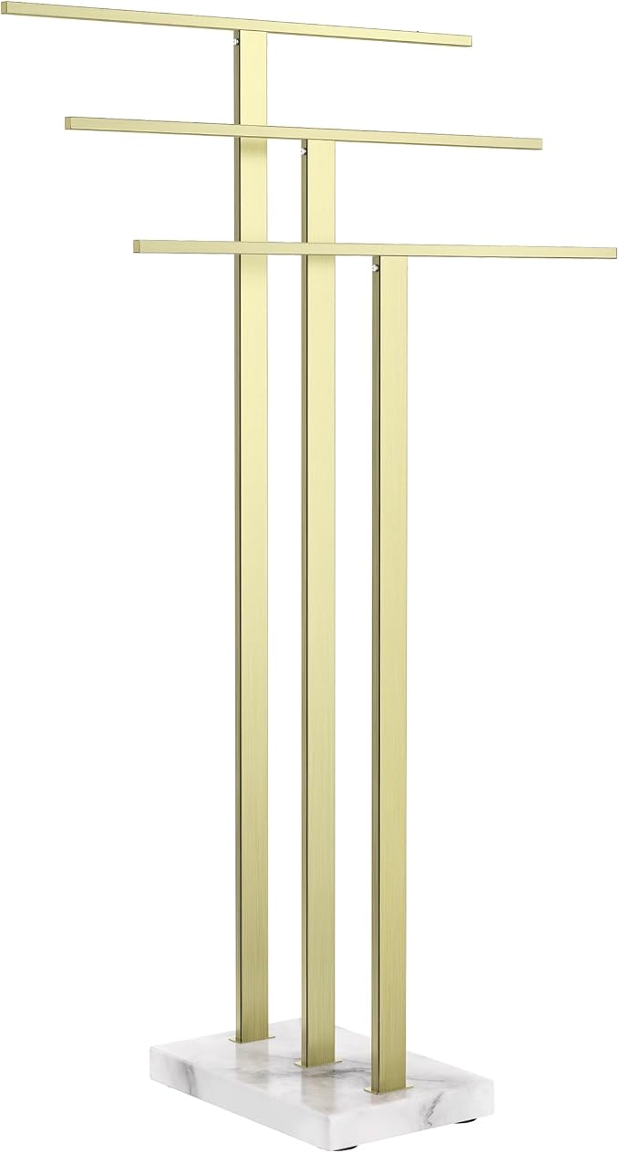 KES 3-Tier Freestanding Towel Rack with Marble Base, 36" Tall, Brushed Gold | Weighted Base Prevents Tipping, Anti-Slip Pads, No-Drill Assembly, Fits Bath Sheets And Hand Towels, For Humid Bathrooms