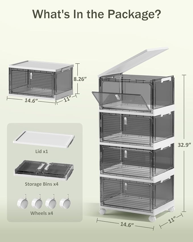 23QT Stackable Storage Bins with Lids and Wheels, 4 Tier 92QT Foldable Plastic Storage Drawers with Magnetic Doors, 4 Pack Collapsible Closet Organizer for Bedroom Office, Clear Gray