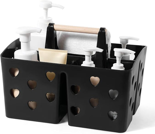 Portable Shower Caddy Plastic Shower Basket Organizer with Handle, Black | Divided Bathroom Caddy Storage Cleanning Caddy Tote for College, Dorm Room, Kitchen