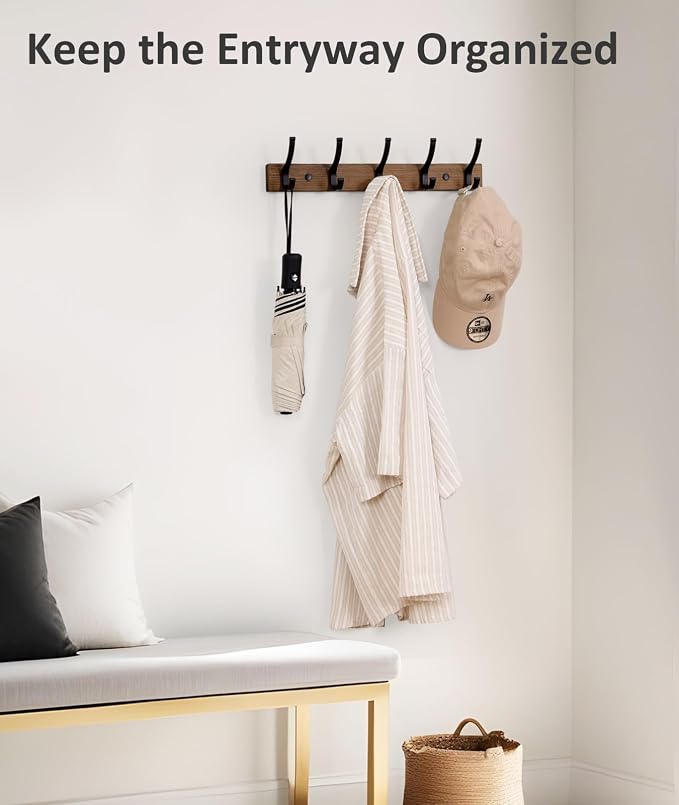 Optish Coat Rack Wall Mount, 16.5 Inches Wood Coat Hooks Wall Mount, Wall Coat Rack with 5 Hooks, Hat Rack Wall Hooks for Hanging Coat, Bag, Towel (2Pack, Brown)