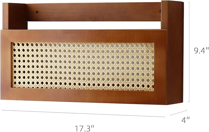 Wall Wood Magazine Rack with PE Rattan Grid,Size 17.3" x 4" x 9.4",File Holder For Entryway, Living Room, Waiting Room, Kids’ room,Office（Brown）