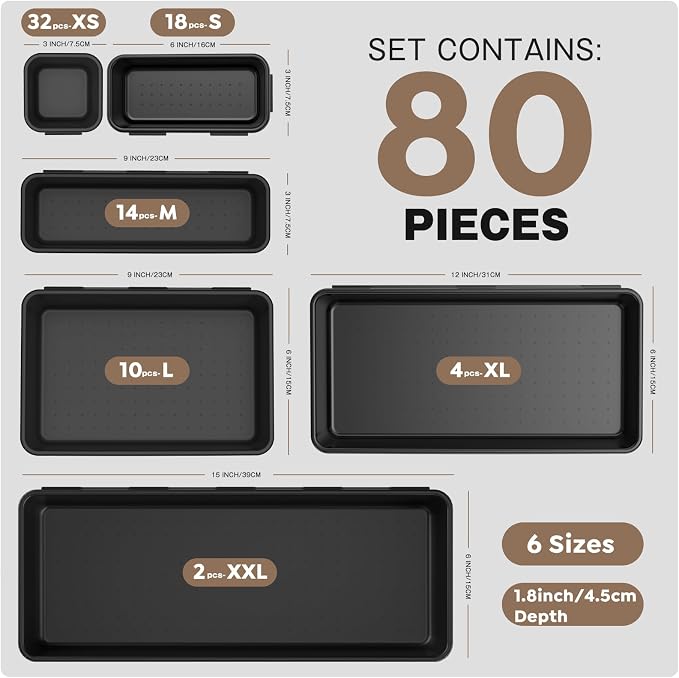 【𝟲𝗦𝗜𝗭𝗘 & 80PCS】A-LUGEI Tool Box Organizer【Fits 100+ Tools】 Black Garage Organization and Storage Tray Divider Set, Desk Drawer Organizer, Toolbox for Rolling Tool Chest Cart WorkBench Small Part