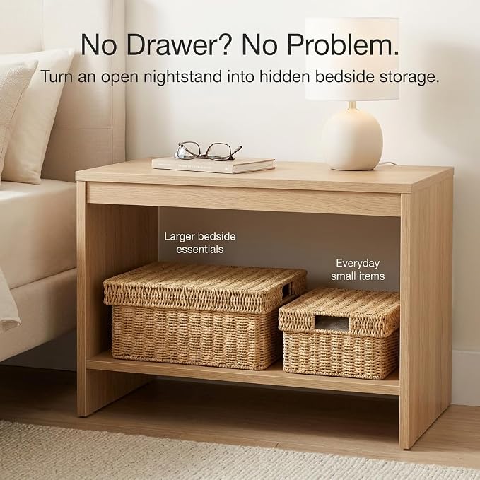 Wicker Storage Baskets with Lids for Shelves, 2-Basket Set, Natural | Two rectangular wicker baskets with removable lids, large and medium, for decorative shelf storage; lids flip into trays.