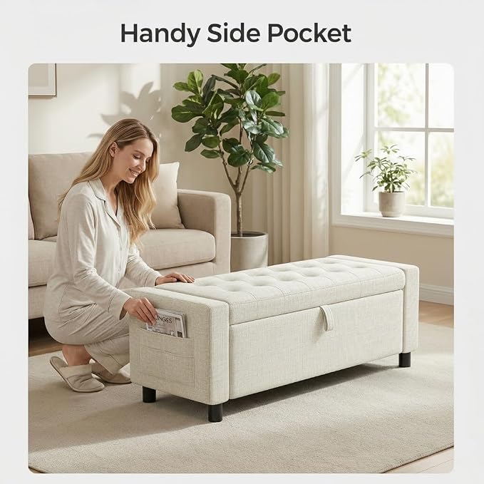 Amada 46" Ottoman with Storage, Side Pocket, Safety Hinge, Beige | 30 gallon (112 liter) hidden storage, holds 400 lbs, 0.35" thicker wood panels, 3.14" thick foam, for end of bed, living room