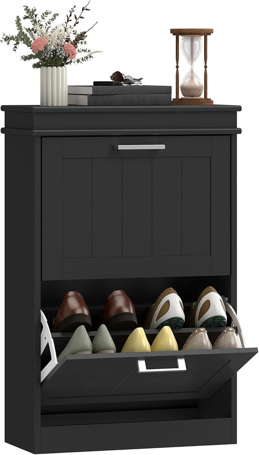 HOMCOM Narrow Shoe Cabinet with 2 Flip Drawers, Modern, for Entryway, Black | Freestanding Small Shoe Storage Cabinet, Adjustable Shelves, Hallway