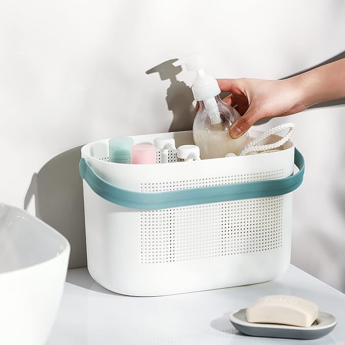 Plastic Portable Shower Caddy Basket, Storage Organizer with Handle, Green | Bottom Drain Holes, Keep Dry, Sturdy and Durable, Easy to Carry for Bathroom, Kitchen, Dorm Room, RV, College