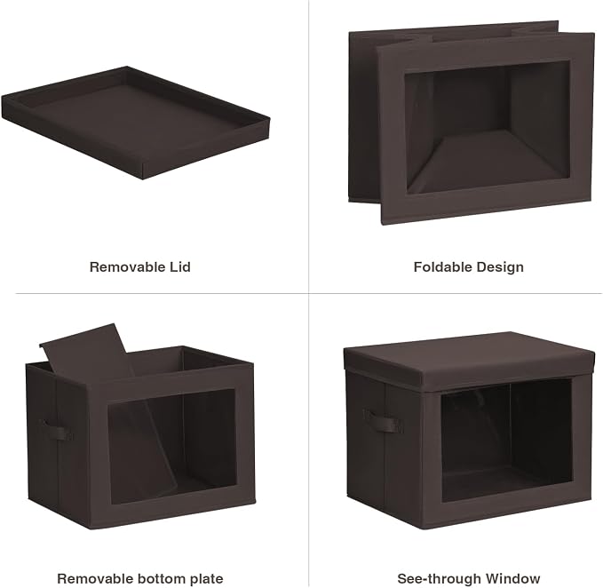 Homsorout Stackable Storage Bins with Lids - Large Storage Box with Lids, Foldable Closet Boxes for Organizing, Wardrobe Clothes Organizer with Window, Cubes Bins for Living Room, 4 Pack, Brown