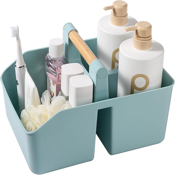 rejomiik Plastic Shower Caddy, Portable Basket with Bamboo Handle, Blue | Cleaning Caddy Organizer Tote for Bathroom, College Dorm Essentials, Bath Toy Storage, Cleaning Supplies