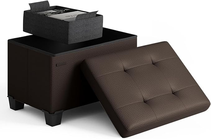 Storage Ottoman Cube with Small Bin, 16-in Square Ottoman with Storage for Living Room and Bedroom, Small Ottomans Foot Rest, Leather Foot Stools Ottomans Max 330lbs, Brown