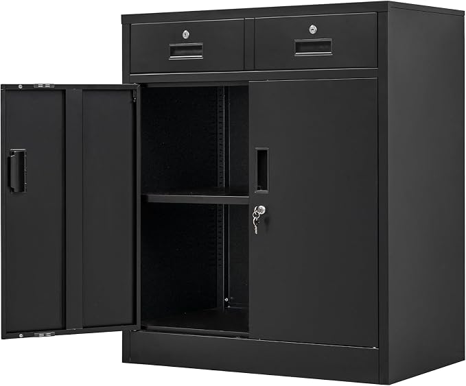Wanfu Metal Storage Cabinet, 36" H Locking Storage Cabinet with 2 Drawers and Adjustable Shelf, Metal Cabinets for Office, Garage, Home-Black
