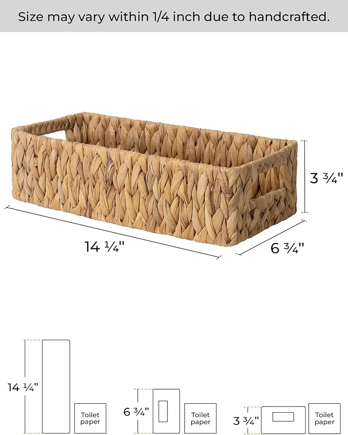StorageWorks Toilet Paper Basket, Small Bathroom Basket Organizer | Water Hyacinth Wicker Baskets for Storage Hand Towels with Built-in Handles, Back of Toilet Basket for Bathroom Decor