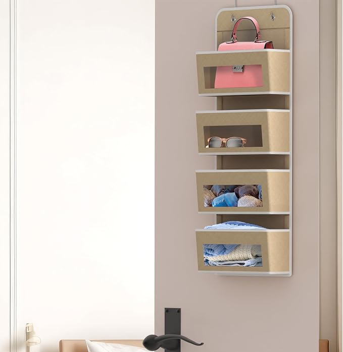 Simple Houseware 4 Clear Window Pocket Over Door Hanging Organizer, Beige | Over the Door Storage for Closet, Bedroom, Bathroom, Pantry