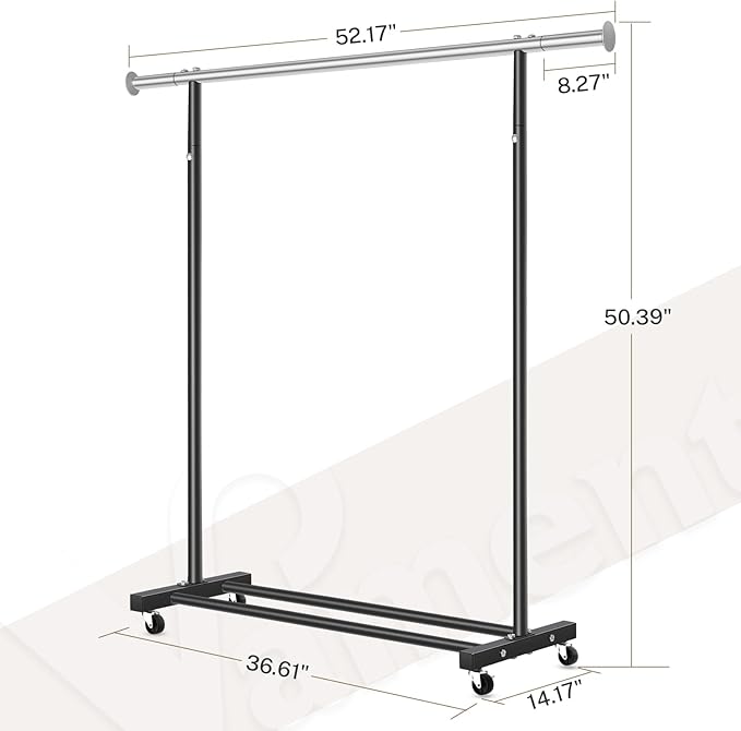 VICERII Clothes Rack, 130LB Capacity Heavy Duty Clothing Rack with Wheels and Bottom Shelf, 52.17 Inch Rolling Racks for Hanging Clothes, Coats, Shirts, Sweaters, Skirts, Dress, Black