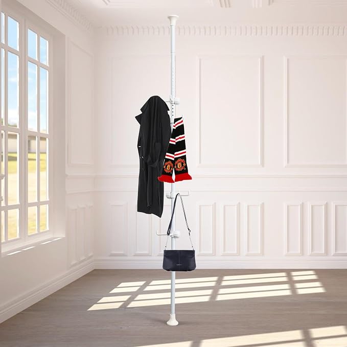 Coat Rack Freestanding,Adjustable 56-125 inch Tension Rod Tree 12 Hooks Hanger Stand for Coat Hat Bedroom Livingroom Kitchen Bathroom Apartment Entryway Hall Office white
