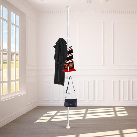 Coat Rack Freestanding,Adjustable 56-125 inch Tension Rod Tree 12 Hooks Hanger Stand for Coat Hat Bedroom Livingroom Kitchen Bathroom Apartment Entryway Hall Office white