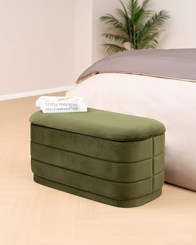 B FSOBEIIALEO Velvet Storage Ottoman with Tray, Folding Ottoman with Storage Coffee Table Shoes Bench for Dorm Room, Living Room Olive, 30"x15"x15"