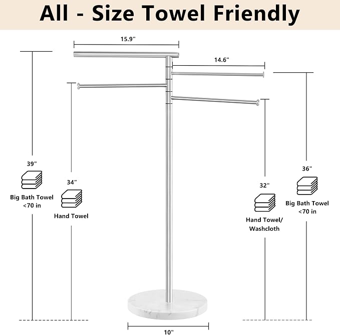 Standing Towel Rack, Stainless Steel Towel Racks for Bathroom with Weighted Marble Base, 4 Swivel Towel Arms Freestanding Outdoor Towel Holder Stand for Pool, Brushed Nickel