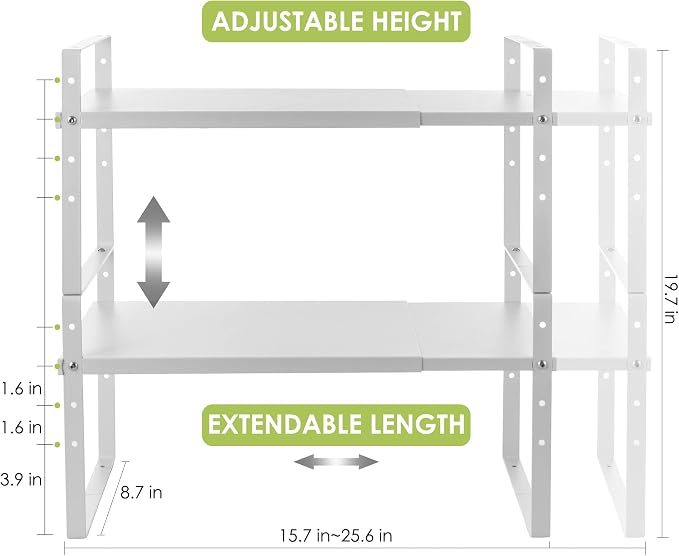 Across-Star Expandable Cabinet Shelf Organizer Rack, Stackable Kitchen Counter Storage Shelves Stand, Adjustable Height Pantry Shelf Spice Rack (White, 2 Pack)
